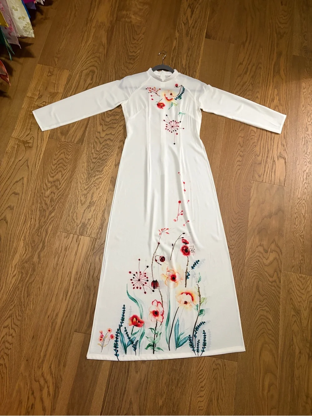 Elegant White Floral Long-Sleeve Dress, new year. Photograph, Ao Dai.